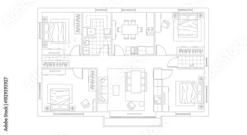 Detailed Apartment Floor Plan Drawing with Two Bedrooms, Living Area, and Furniture Layout, on Isolated White Background.