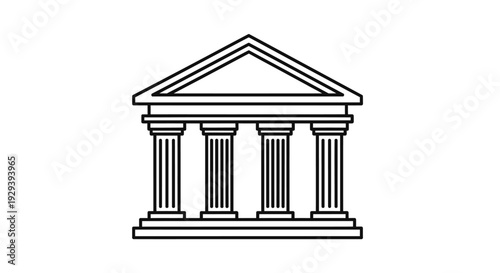 Classical Architectural Building Facade Outline Drawing with Columns and Pediment, Representing Institution, on Isolated White Background.