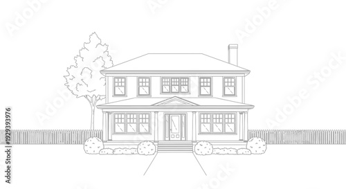 Classic Two-Story Suburban House Outline Drawing with Fenced Yard and Trees, Architectural Illustration, on Isolated White Background.