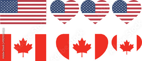 United States and Canada Flag Vector Set in Heart and Circle Shapes Representing Patriotic National Symbols, Independence, Travel, and International Design Concepts