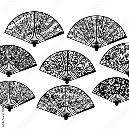 Collection of Ornate Japanese Folding Fans with Intricate Patterns