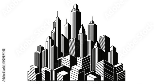 Dynamic modern city skyline with multiple tall buildings and skyscrapers in isometric view on isolated white background