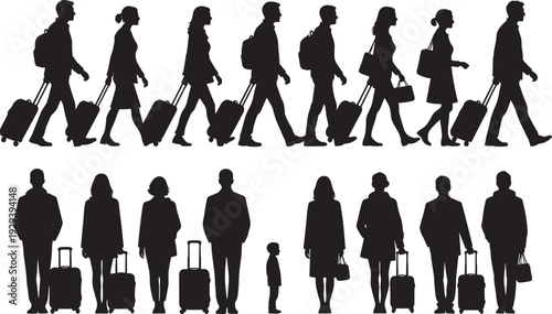 Black silhouette illustrations of travelers with luggage, walking and standing figures, suitcases, backpacks, child with family, airport terminal, travel preparation, commuter scene