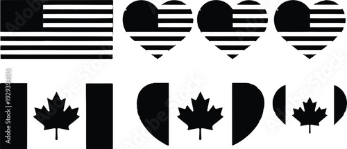 United States and Canada Flag Vector Set in Heart and Circle Shapes Representing Patriotic National Symbols, Independence, Travel, and International Design Concepts