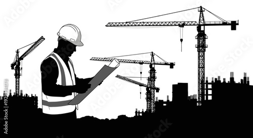 Dedicated construction worker or engineer holding blueprints on a busy urban development site with cranes and buildings in silhouette