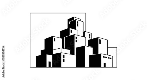 Abstract Black and White Silhouette of Stacked Boxy Buildings, Modern Cityscape on Isolated White Background