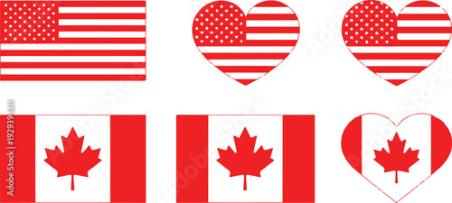 United States and Canada Flag Vector Set in Heart and Circle Shapes Representing Patriotic National Symbols, Independence, Travel, and International Design Concepts