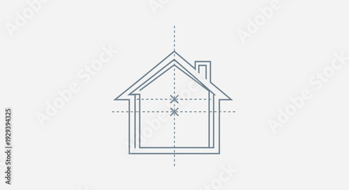 Simple Outline Drawing of House with Construction Lines, Blueprint Style on Isolated White Background