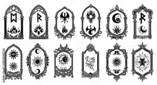 Esoteric Symbols Frames, Runes, Celestial Bodies, Mystical Ornaments, Occult Design Elements