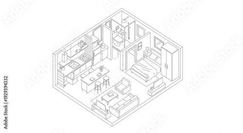 Isometric Outline Drawing of Fully Furnished Modern Apartment Interior Layout on Isolated White Background