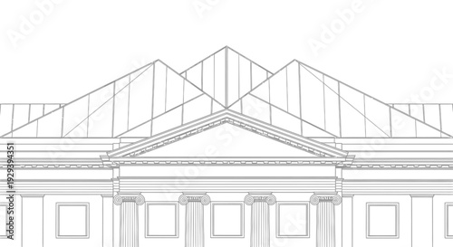 Detailed Outline Drawing of Grand Classical Building with Columns and Pediment Roof, Isolated White Background