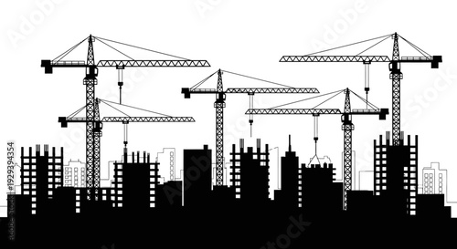 Silhouette of City Skyline Under Construction with Cranes and Buildings in Bright Studio