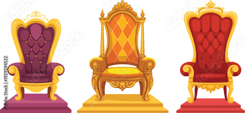 Royal Throne Chair Collection Vector Set Featuring Golden Ornate King and Queen Seats Illustration for Luxury, Palace, and Historical Interior Design Projects