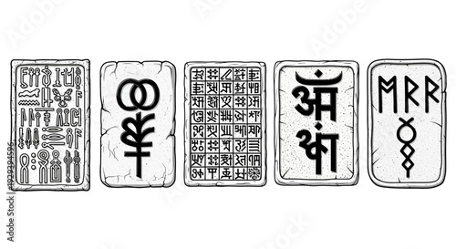 Mystical ancient symbols and runes on weathered stone tablets, esoteric concept