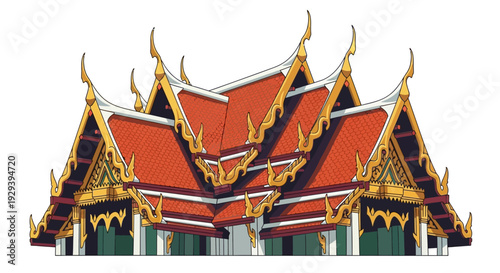 Ornate Thai Temple Roof with Golden Embellishments and Red Tiles