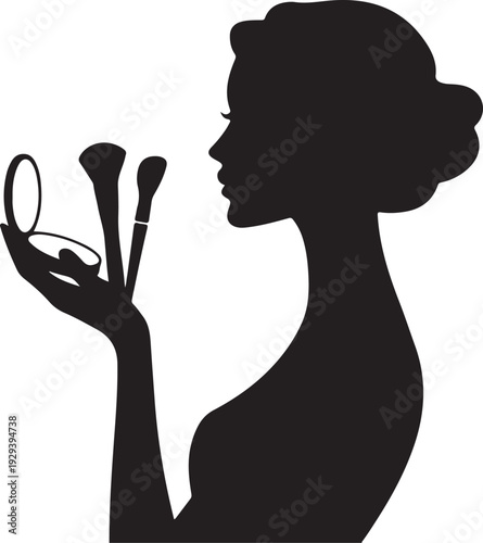 Black silhouette woman holding makeup brushes and mirror
