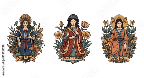 Pixel Art Saints Women Medieval Style Illustration