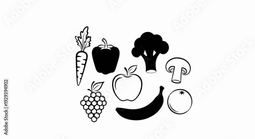Assortment of fresh produce items in simple black and white line drawings