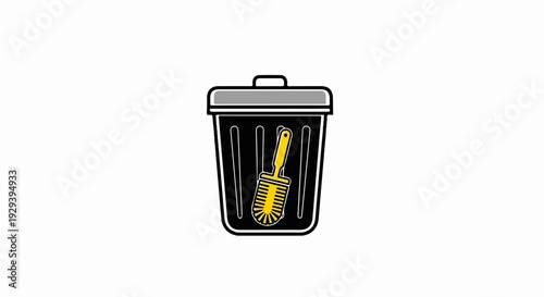 A yellow brush is thrown into a black trash can