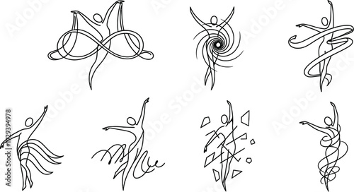 Abstract movement dance icon set geometric outline icons curved human figure infinity loop minimal vector