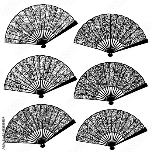 Set of Six Decorative Paisley Patterned Handheld Folding Fans, Black and White