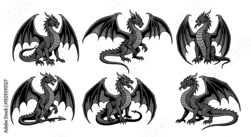 Set of Six Pixel Art Dragons in Various Poses, Fantasy Creatures Collection