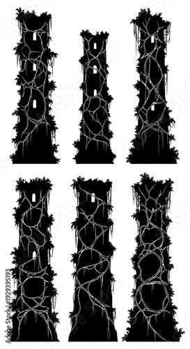 Silhouette of ancient ruined towers overgrown with vines and moss, pixel art style