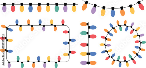 Christmas String Lights Collection Vector Illustration Set Featuring Colorful Festive Bulbs in Cartoon Style Isolated on White Background for Holiday, Party, and Seasonal Designs