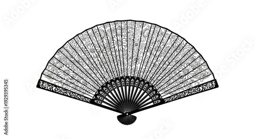 Vintage Black and White Engraved Folding Fan with Intricate Patterns