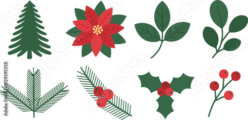 Christmas Botanical Elements Collection Vector Illustration Set Featuring Holly, Poinsettia, and Leaves Isolated on White Background for Holiday, Festive, and Seasonal Design Projects