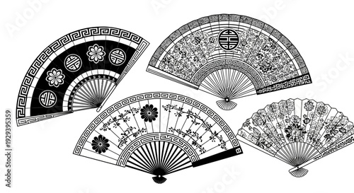 Vintage Asian Fans Collection: Ornate Designs, Black and White Illustration