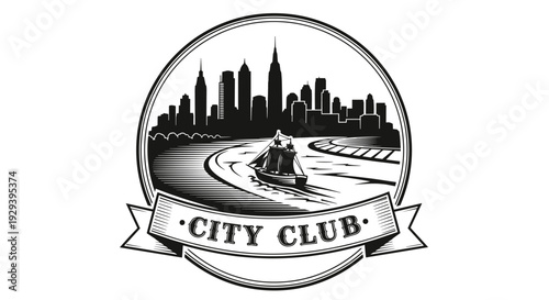 City Club Logo with Urban Skyline and Watercraft.