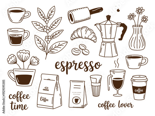 Coffee time hand drawn espresso elements vector set
