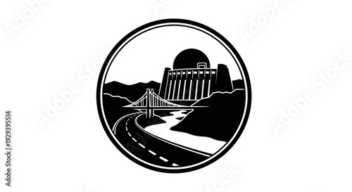 Monochromatic circular emblem of a dam, bridge, and road.
