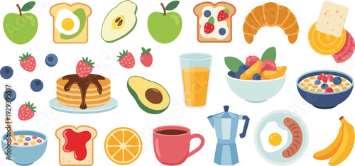 Breakfast Food Vector Set Featuring Fruits, Toast, Cereal, Coffee, and Kitchen Items for Morning Meal Illustration and Café, Menu, and Healthy Lifestyle Design Projects