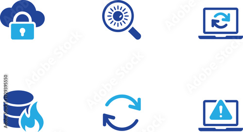 Cloud computing security and data management icons. Network protection, server maintenance, and system update. Vector illustration