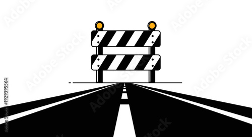 Road barrier with flashing lights blocking a straight road ahead.