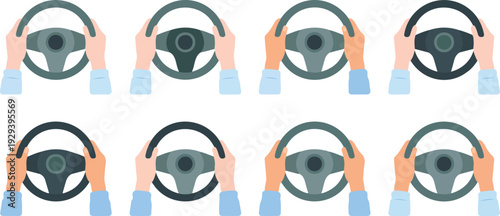 Steering Wheel Illustration with Cartoon Hands Flat Vector Set Representing Driving, Car Control, Vehicle Handling, Road Safety, and Automotive Education Design