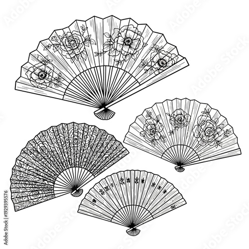 Vintage Handheld Folding Fans with Floral Designs - Black and White Illustration