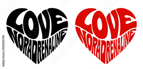  Heart-shaped sticker set featuring "LOVE NORADRENALINE" in colorful and black design for body hormones health
