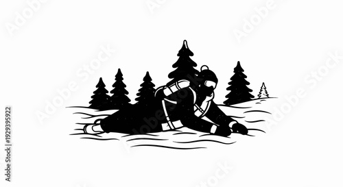 A lone figure in winter gear reclines in a snowy forest setting