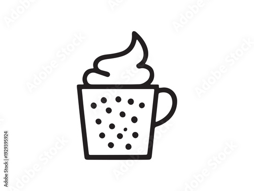 Cute coffee cup with whipped cream outline vector icon