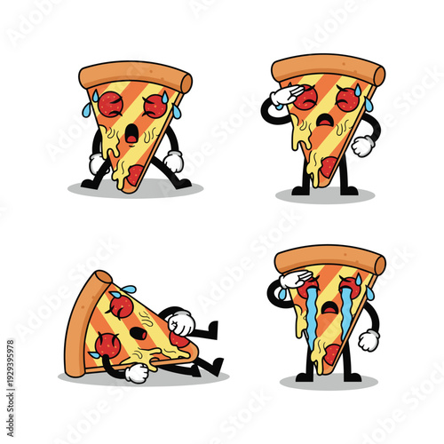 Cartoon pizza slices dancing and expressing emotions with anthropomorphic character design