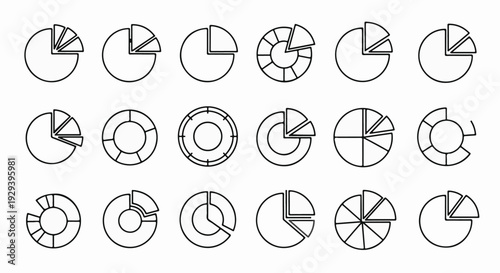 A collection of circular and segmented charts in black outlines