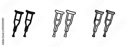 Crutches Medical Aid Icons Set. Disability and Injury Support Symbols in Outline, Solid, and Hand-Drawn Styles.