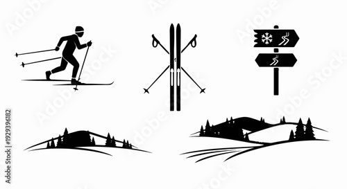 Winter sports icons skier, crossed skis, signpost, and snowy landscape