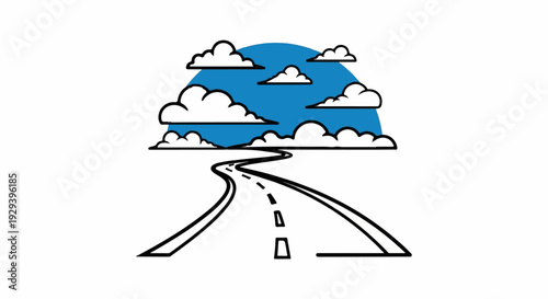 Winding road curves through clouds under a bright blue sky backdrop