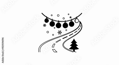 Winding road with festive decorations and a lone evergreen tree