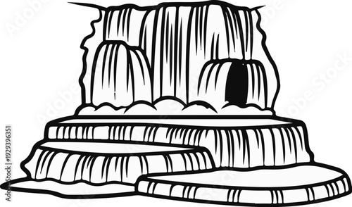 Stylized, monochrome depiction of a multi-tiered cascading waterfall with a dark opening