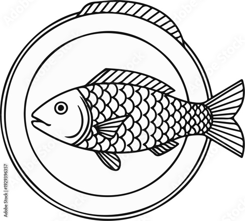 Stylized line art of a fish on a circular plate with a textured rim